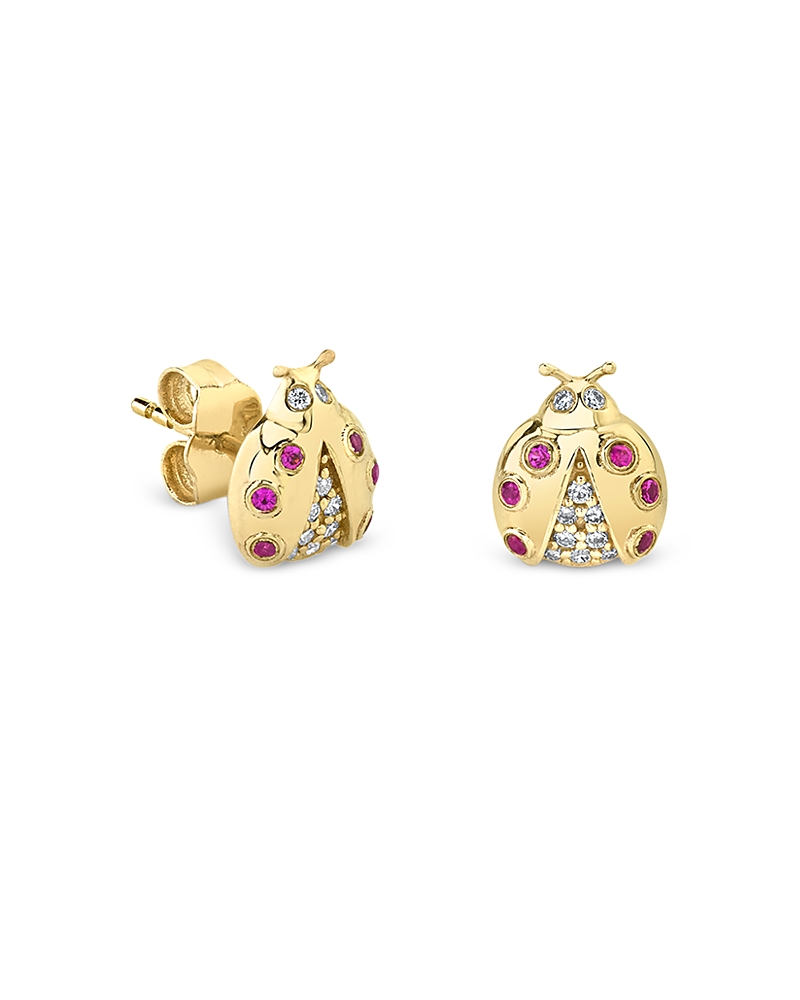 Sydney Evan 14k Yellow Gold Ruby & Diamond Ladybug Stud Earrings In Gold
