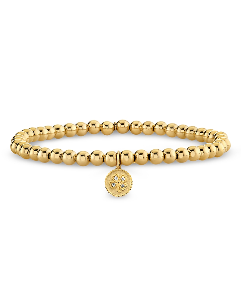 Sydney Evan 14K Yellow Gold Diamond Clover Charm Beaded Stretch Bracelet