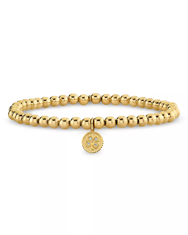 Sydney Evan 14K Yellow Gold Diamond Clover Charm Beaded Stretch Bracelet