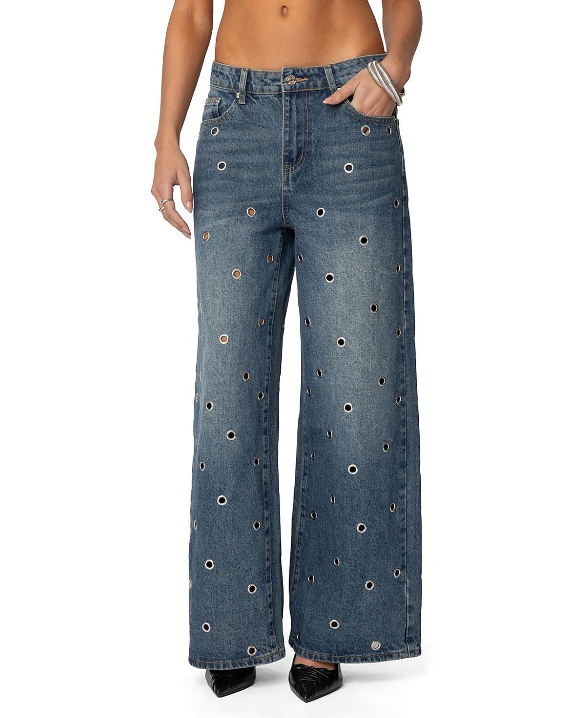 Edikted Jainie Grommet Low Rise Blue Wash Jeans