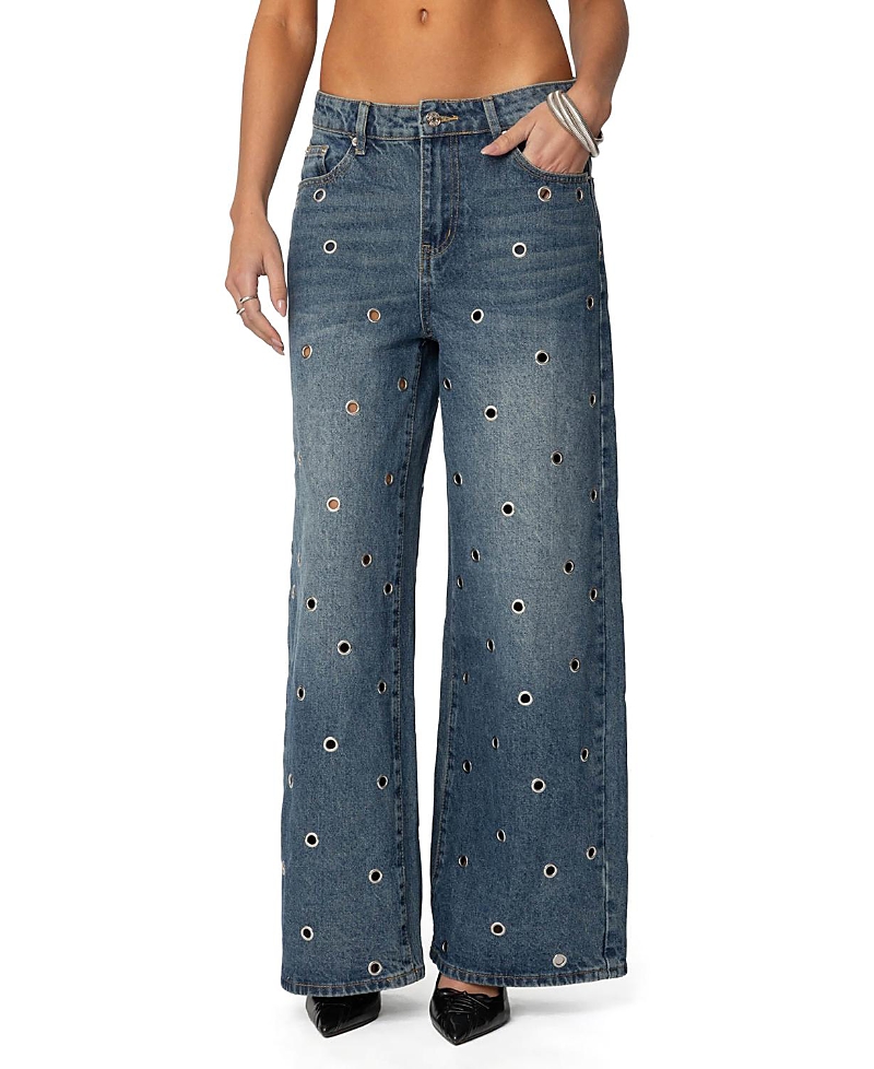 Edikted Jainie Grommet Low Rise Blue Wash Jeans In Blue-washed