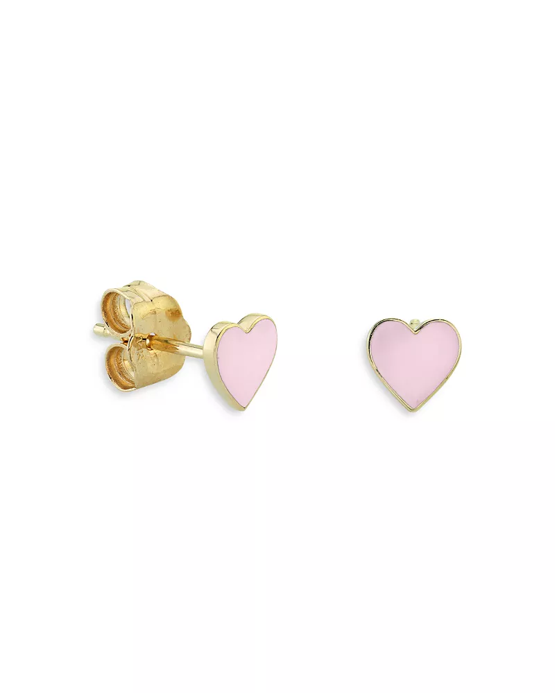 Sydney Evan 14K Yellow Gold Pink Mini Heart Stud Earrings