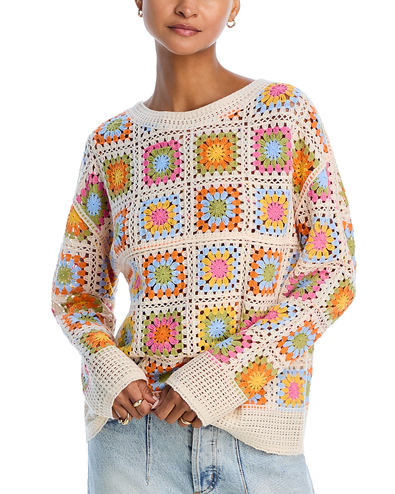 AQUA RAINBOW CROCHETED PATCHWORK SWEATER