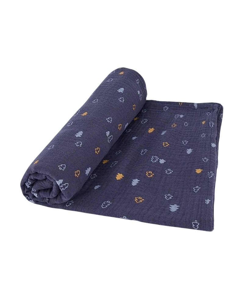 Deux Par Deux Printed Muslin Blanket Blue With Pine In Printed Blue Pine