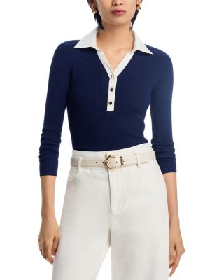 T Tahari - Long Sleeve Collared V Neck Top