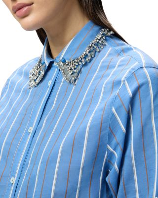 Rhinestone Collar Striped Blouse 