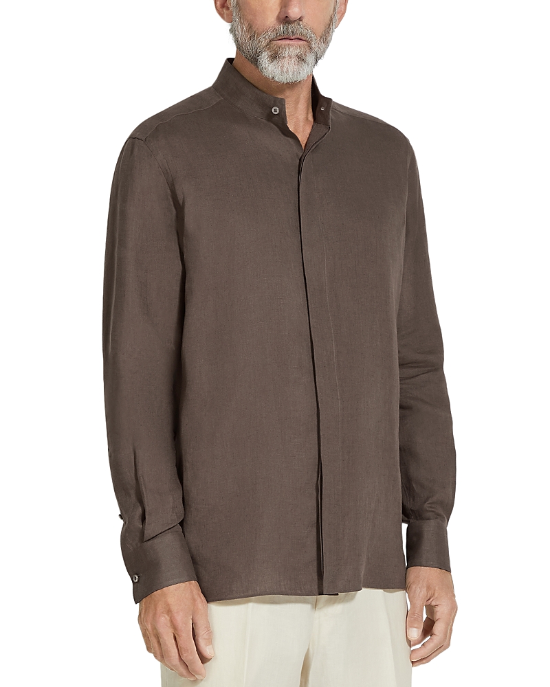 Shop Zegna Oasi Lino Regular Fit Linen Shirt In Dark Taupe
