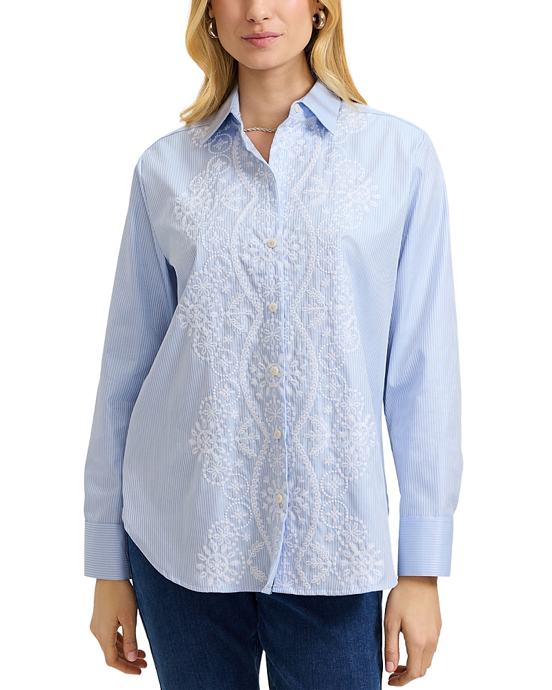 Foxcroft Meghan Stripe Embroidered Cotton Button-up Shirt In Soft Blue