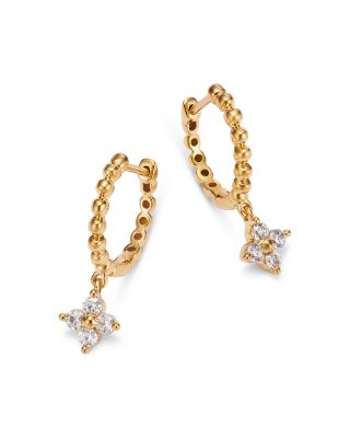 Diamond Flower Dangle & Polished Bead Huggie Hoop Earrings in 14K Yellow Gold, 0.25 tcw