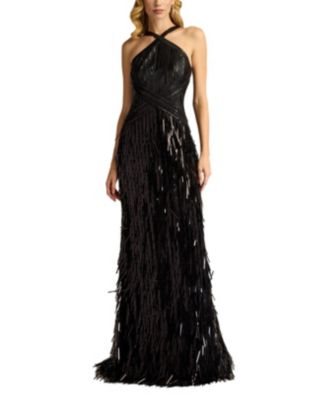 Ares Sequin Fringe Halter Gown
