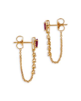 Ruby & Diamond Chain Hoop Earrings in 14K Yellow Gold
