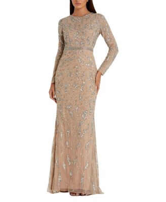  Beaded Long Sleeve Evening Gown