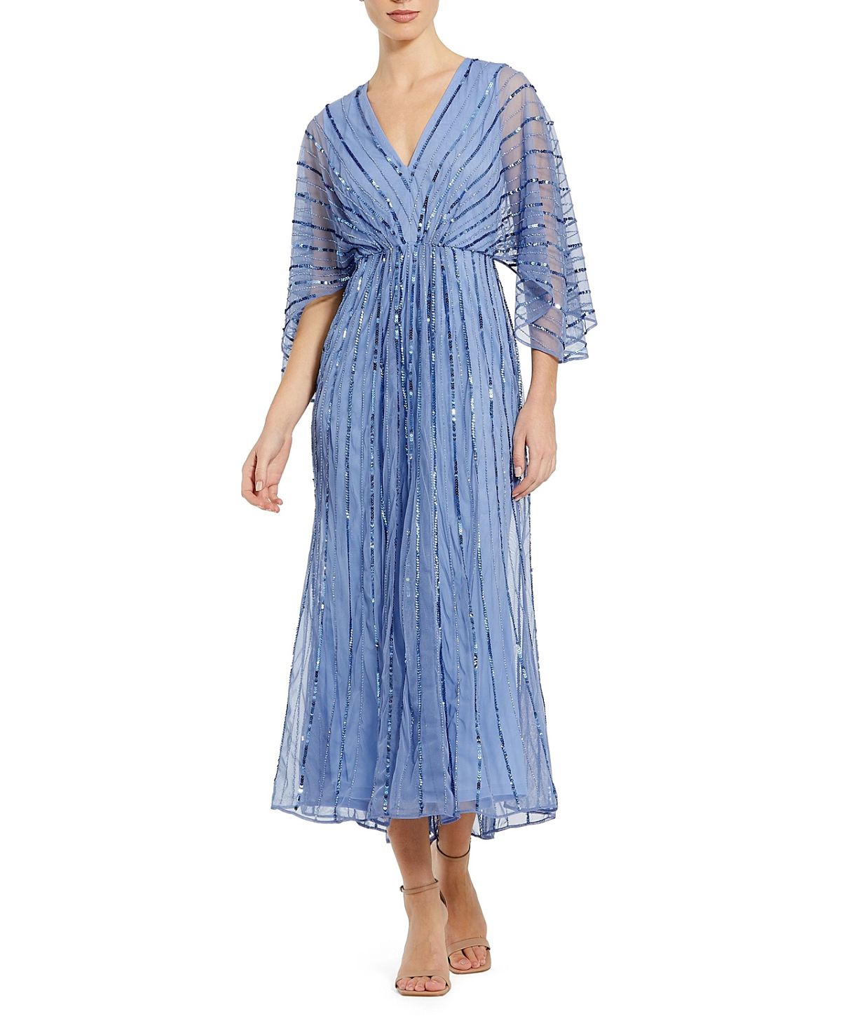 Mac Duggal Beaded Striping Kimono Sleeve V Neck Dress