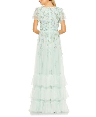 Ruffle Tiered Embellished Faux Wrap Flutter Sleeve