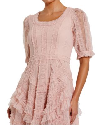  Short Sleeve Mesh Mirco Ruffle Midi Dress