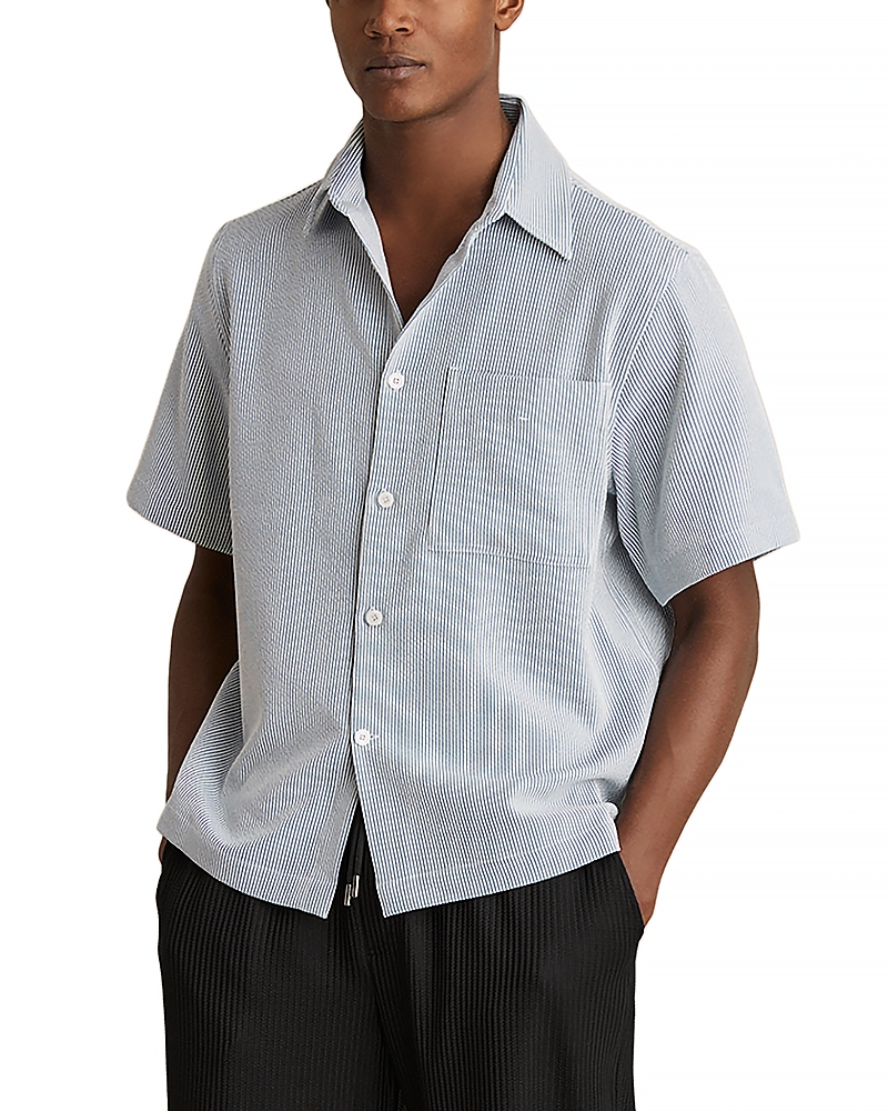 Reiss Sensei Short Sleeved Striped Seersucker Regular Fit Shirt In Soft Blue/white