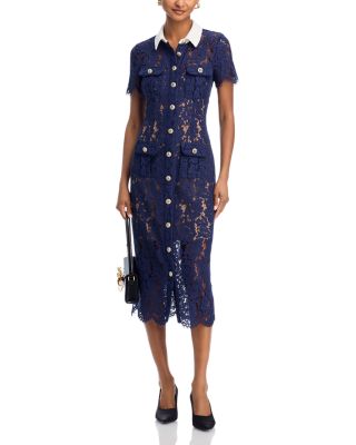 Navy Lace Contrast Collar Midi Dress