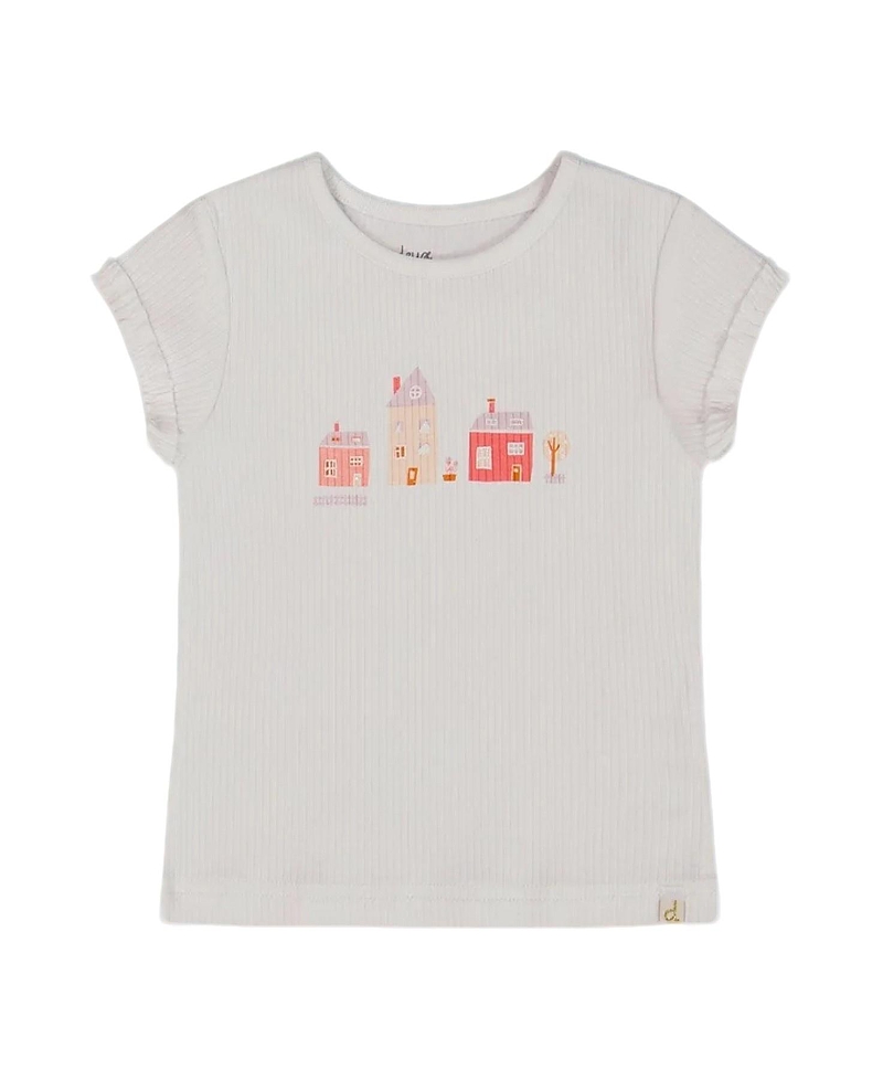 Deux Par Deux Girl's Flat Back Rib Top With Print White And Pink House In White And Pink House