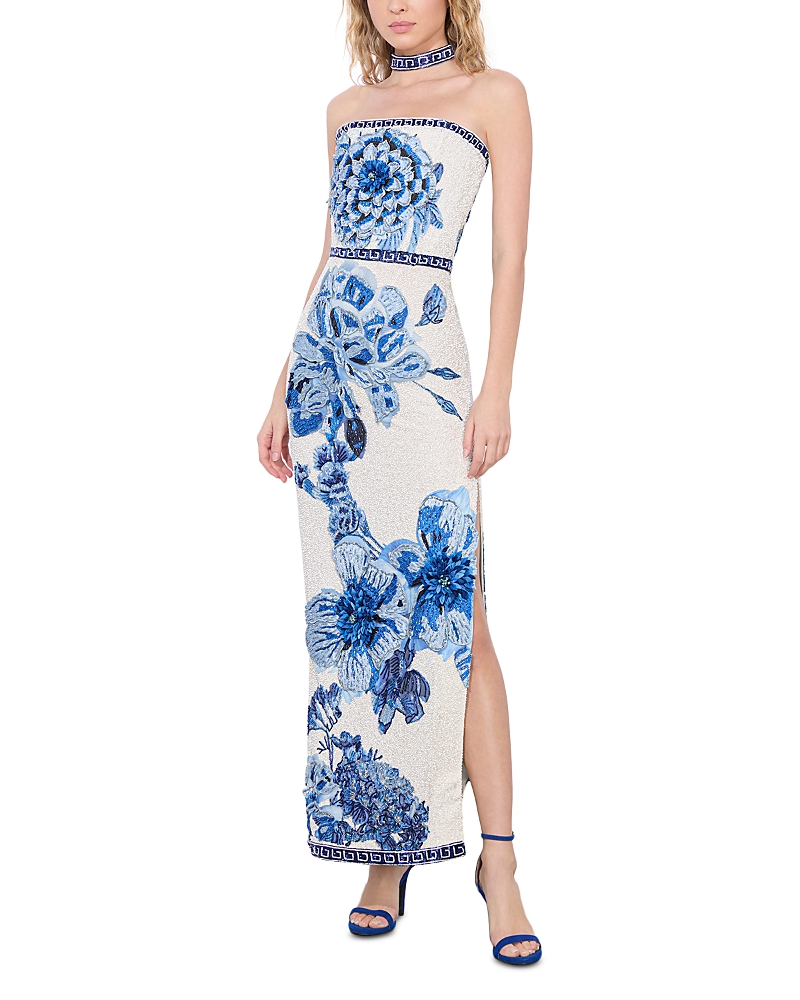 Alice And Olivia Georgie Embellished Strapless High Slit Gown With Collar In Affection