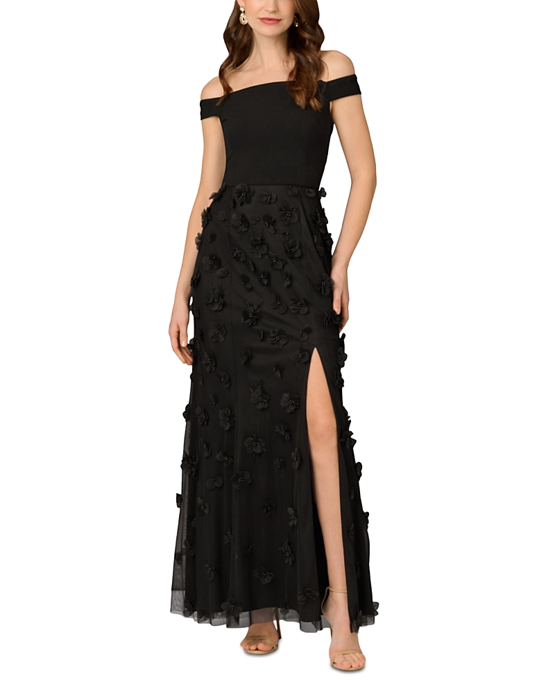 Aidan Mattox Beaded Floral Applique Off-shoulder Gown