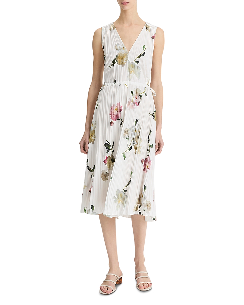 Vince Womens White Peony Floral Pleated Woven Midi Dress