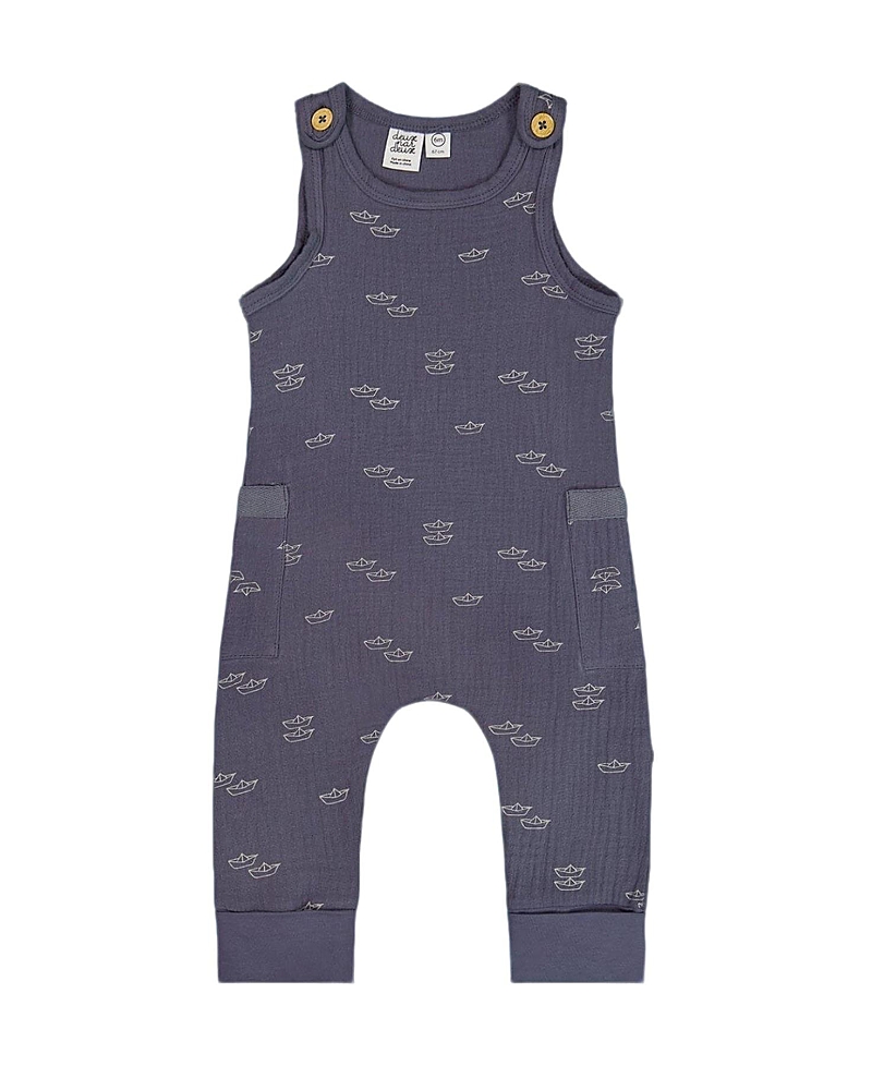 Deux Par Deux Boys' Printed Muslin One-piece Jumpsuit - Baby In Navy Blue Paper Boat