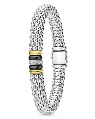 18K Yellow Gold & Sterling Silver Black Caviar Ceramic & Diamond Bead Link Bracelet