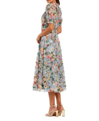 Floral Printed Mesh Ruffle High Neck Midi Dress