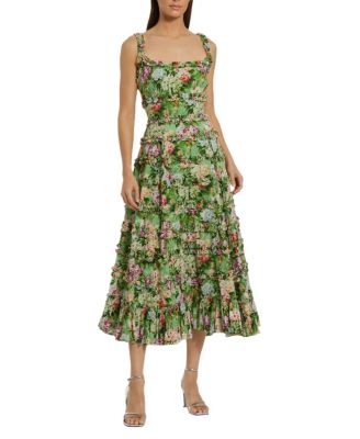 Ruffle Floral Square Neck Midi Dress