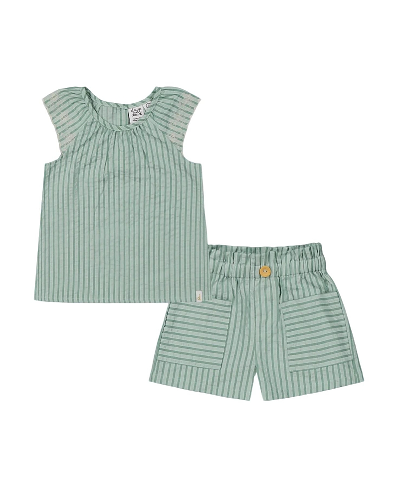 Deux Par Deux Little Girl's Chambray Blouse And Short Set Mint Green Striped In Mint Green Striped
