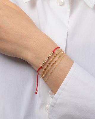 14K Yellow Gold Ball Bead Red Cord Slider Bracelet