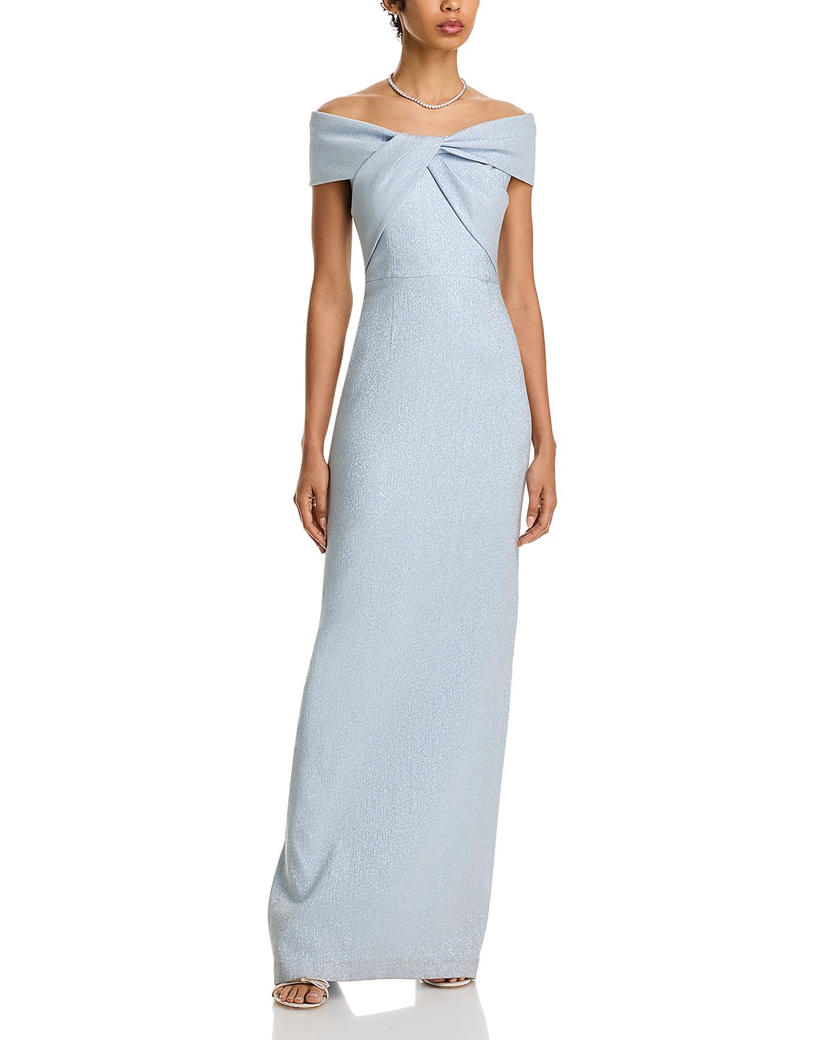 Teri Jon by Rickie Freeman Metallic Jacquard Off-the-Shoulder Gown