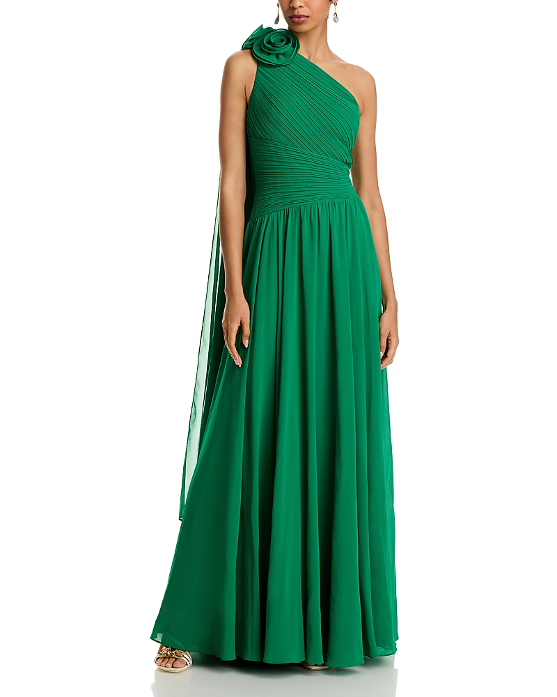Teri Jon By Rickie Freeman Pleat Chiffon Flower Gown In Kelly Green