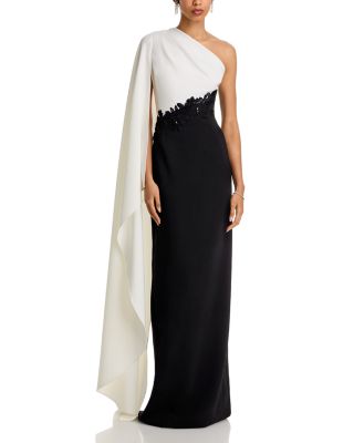 Teri Jon by Rickie Freeman - Crepe One Shoulder Drape Sleeve 3D Trim Gown