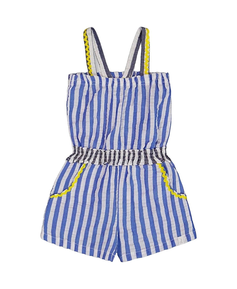 Deux Par Deux Little Girl's Sleeveless Seersucker Romper Blue And White Striped In Blue And White Striped