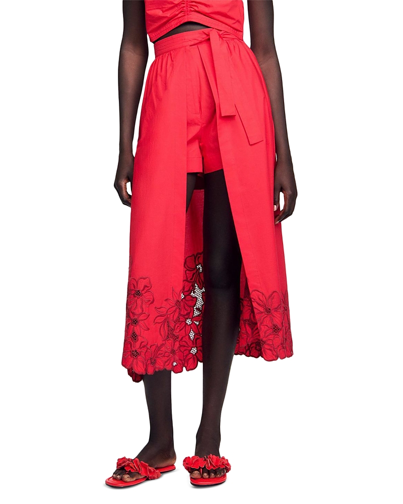 Sandro Cotton-blend Floral Skort In Red