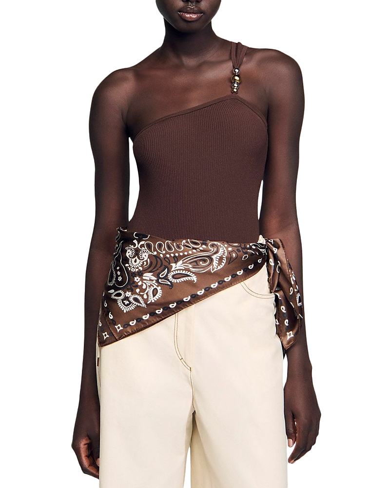 Sandro Asymmetric Leotard With Bead Detail In Brown