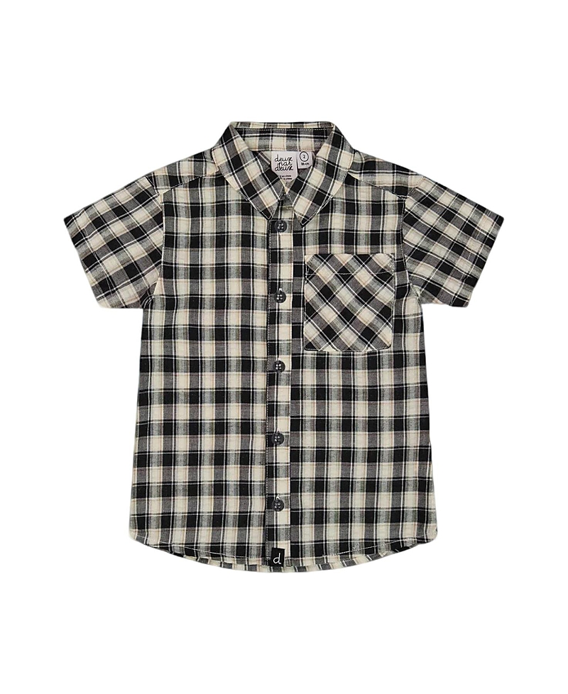 Deux Par Deux Little Boy's Short Sleeve Button Down Shirt Black And Beige Plaid In Black And Beige Plaid