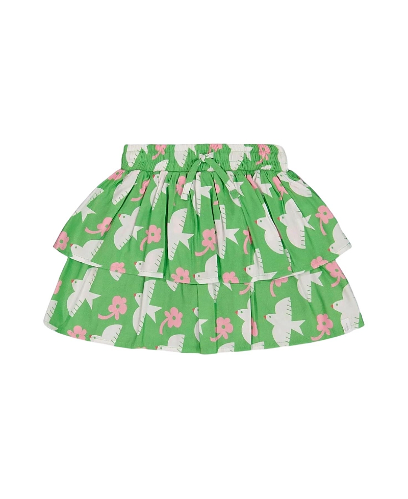 Deux Par Deux Girl's Tiered Elastic Waist Skirt Green With White And Pink Bird