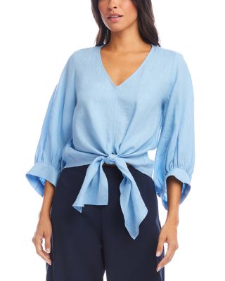Blouson Sleeve Linen Tie Front Top