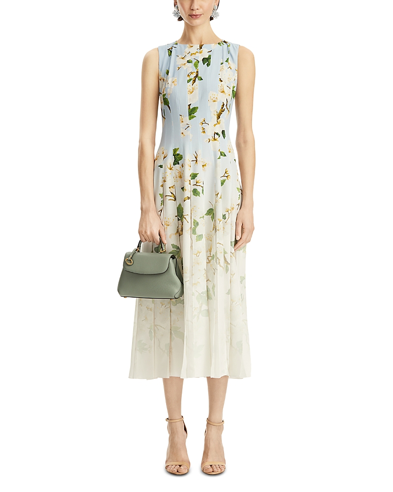 Oscar De La Renta Sleeveless Cherry Blossom Pleated Cady Midi Dress