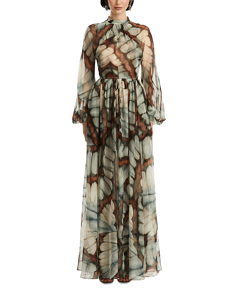 Oscar de la Renta Silk Long Sleeve Butterfly Chiffon Dress
