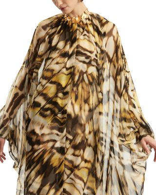 Long Sleeve Abstract Butterfly Silk Chiffon Caftan