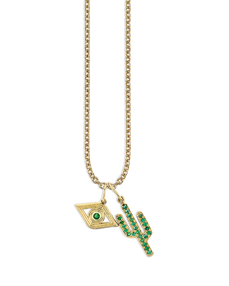 Sydney Evan 14K Yellow Gold Emerald Cactus & Evil Eye Pendant Necklace, 20