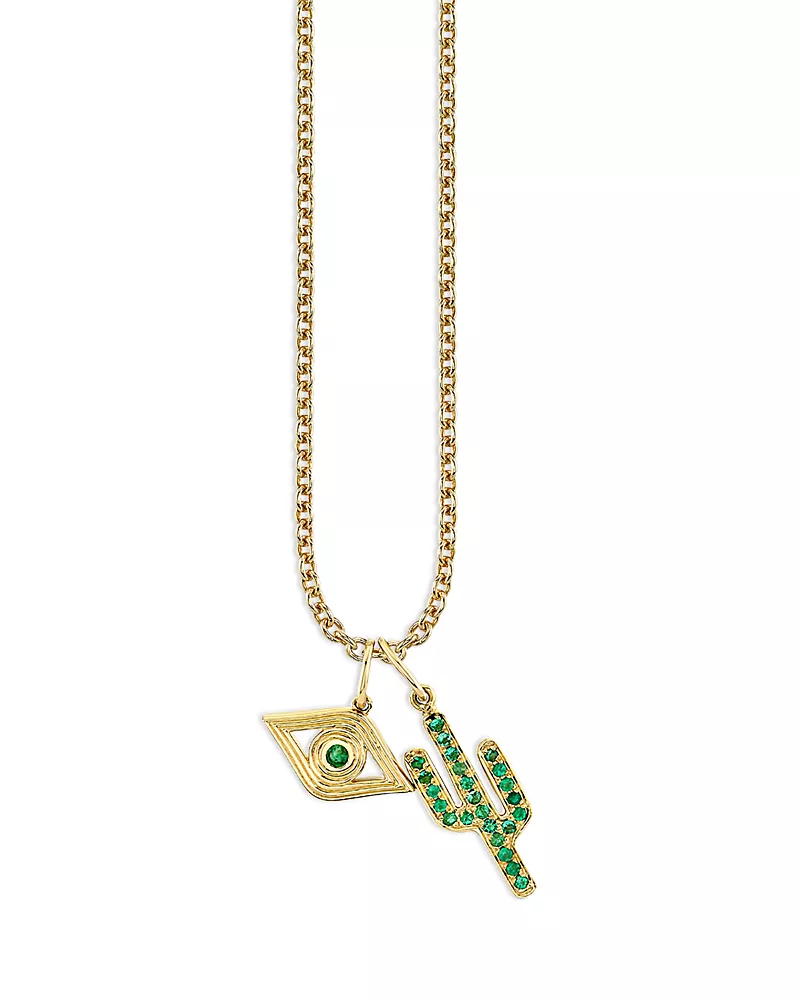 Sydney Evan 14K Yellow Gold Emerald Cactus & Evil Eye Pendant Necklace, 20