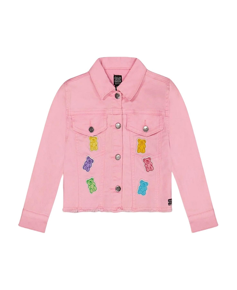 Deux Par Deux Girl's Jean Jacket With Embroidery Pink And Multicolored Gummies