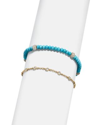 BAUBLEBAR - Marina Crystal & Turquoise Bead Ankle Bracelets in Gold Tone, Set of 2