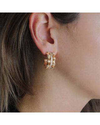 Pav&eacute; Bamboo Stacked Half Hoop Earrings in 18K Gold Plated