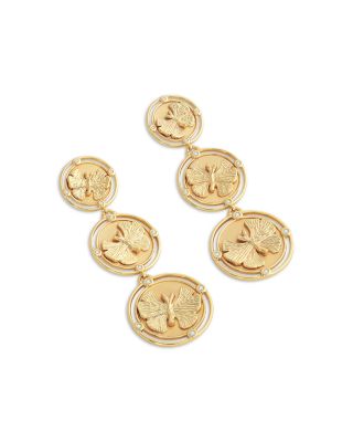 Pav&eacute; Butterfly Coin Triple Drop Earrings in 18K Gold Plated