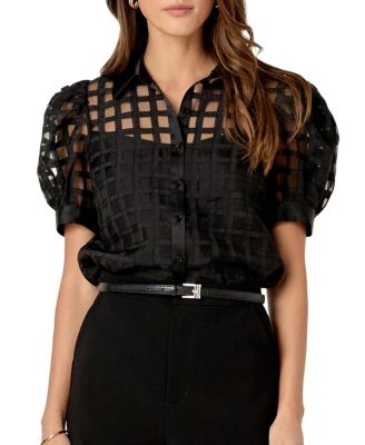 Women's Short Sleeve Organza Grid Blouse